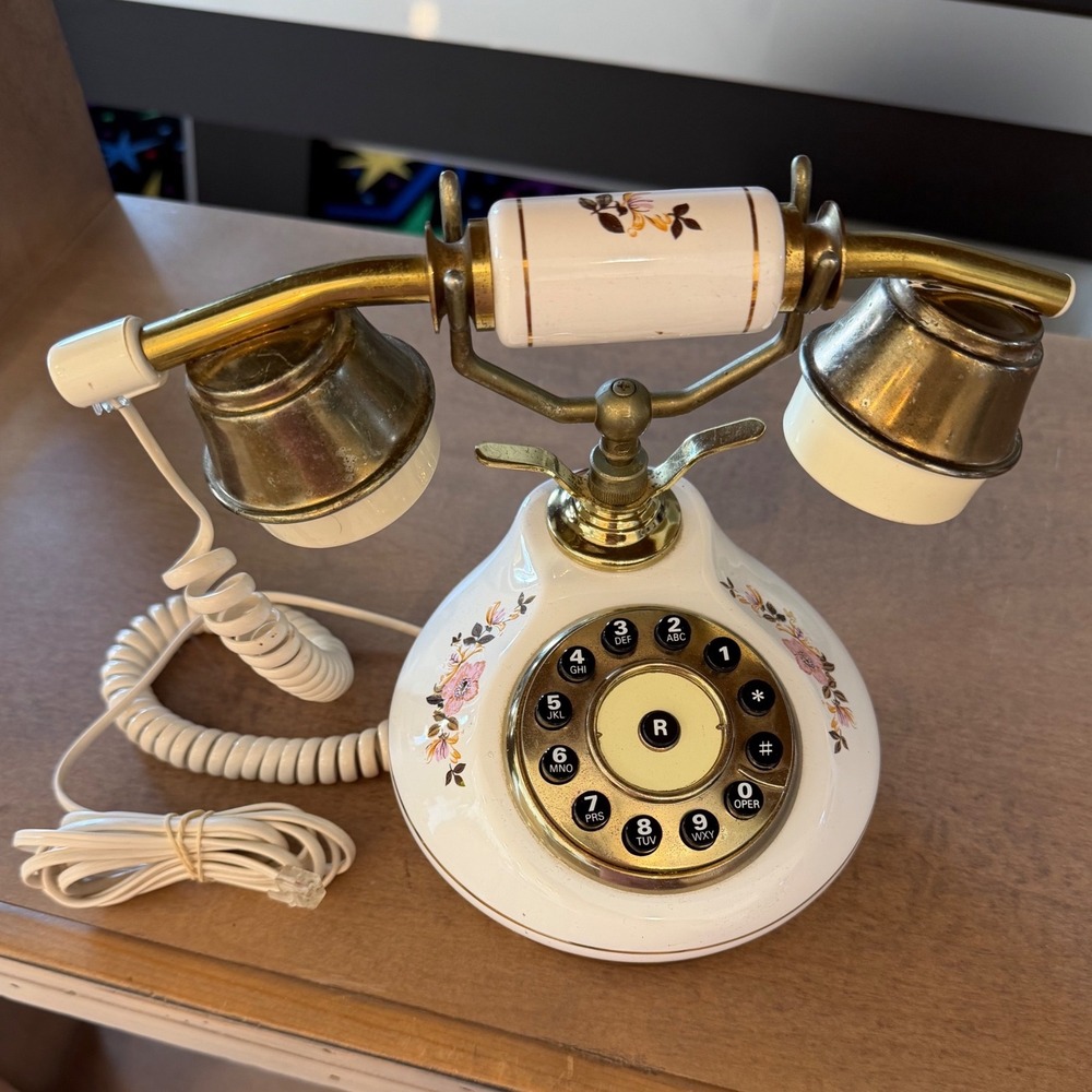 Columbia Tel-Com PF-700 Vintage French Cradle Ceramic Floral Push Button Phone